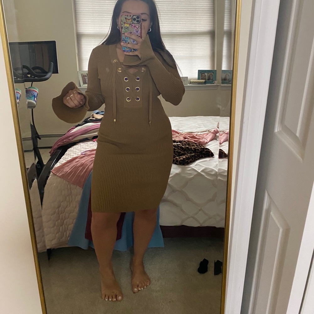 Ribbed Caramel & Gold Flare Dress